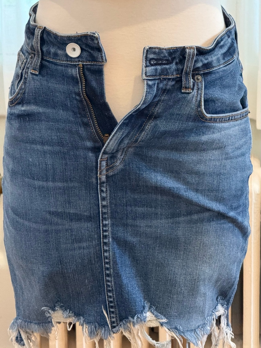 High-Rise Blue Denim Midi Skirt with Frayed Hem